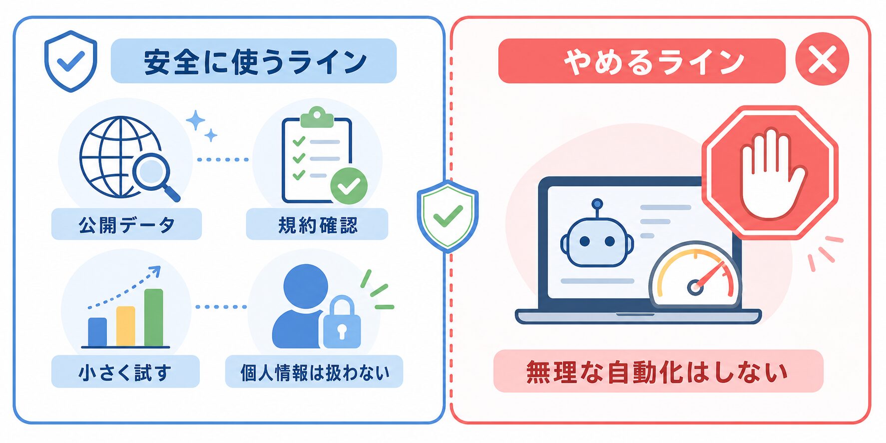 公開データ、規約確認、小さく試す、個人情報は扱わない、無理な自動化はしないという安全境界