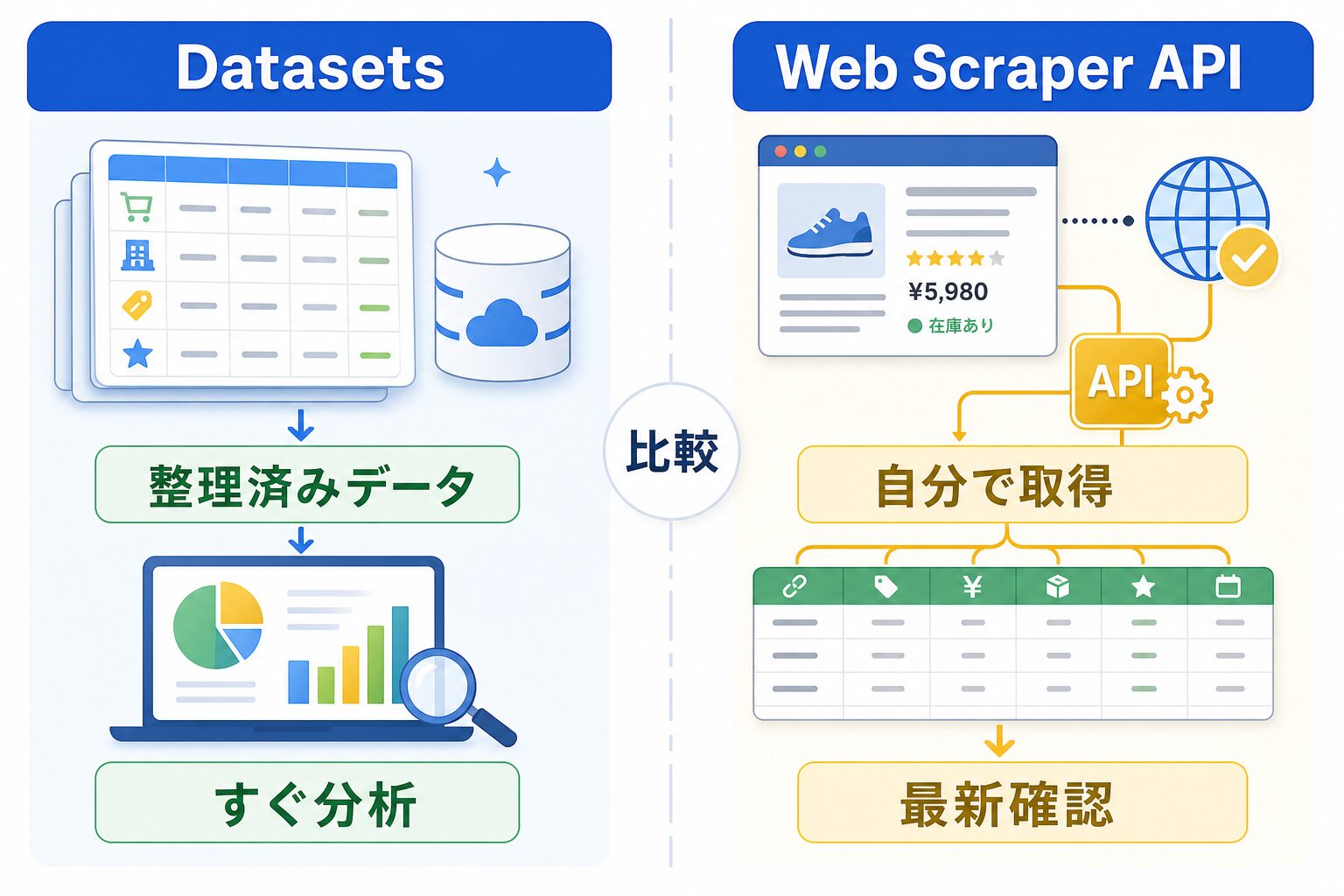 DatasetsとWeb Scraper APIの違いを示す比較図