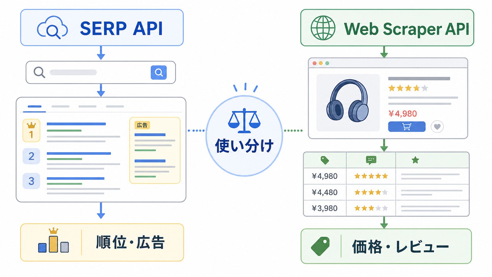 SERP APIとWeb Scraper APIの違いを示す比較図